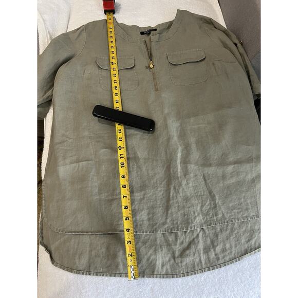 Linen Blouse Zip lagenlook Tunic 2X Roll Tab Short Sleeve sage , oxidized Gold - Picture 5 of 7